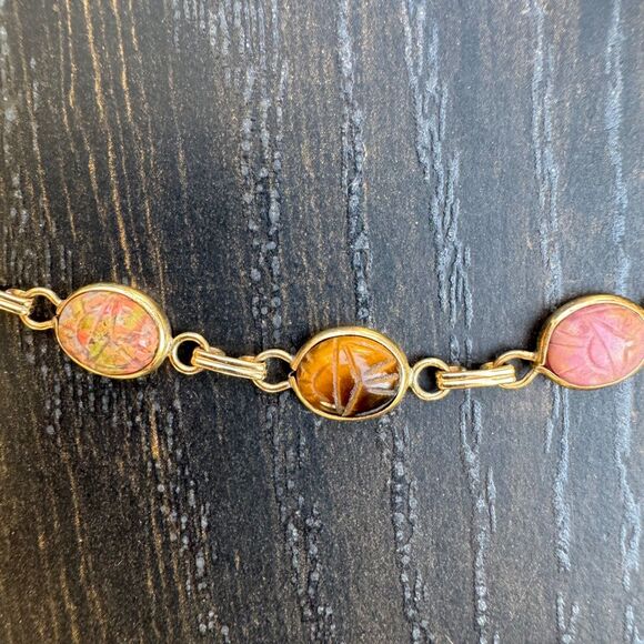 CARLA SCARAB NECKLACE 14K Gold Links 20" Gemstone Scarabs, Vintage Egyptian Rev - Picture 15 of 16